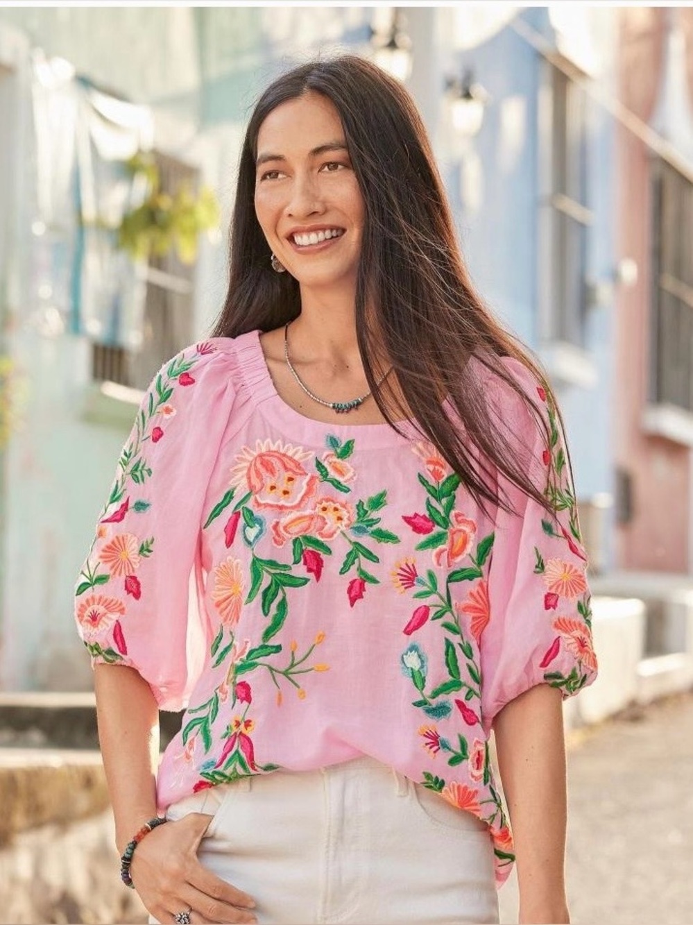 sundance Garden Boulevard Floral Embroidered Bubble Sleeve Peasant Top
Petite S